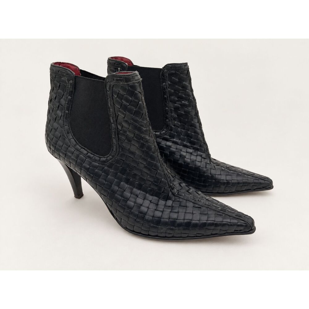 Donald J. Pliner Black Woven Leather Pointed Toe Ankle Booties Women's Size 8M